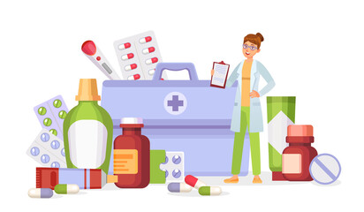 Medication vector concept. Woman pharmacist standing near box with pills. Medical blisters, bottles with tablets