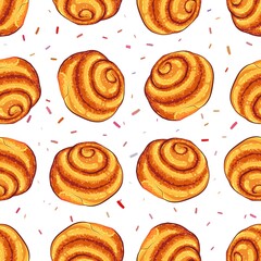 Seamless bun pattern with cinnamon and sugar sprinkles