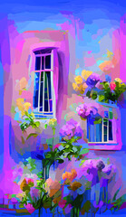 Vertical artwork of home windows with flowers, perfect for wallpaper