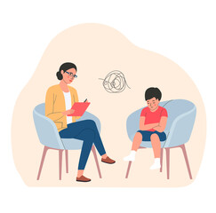 Child psychiatrist work with small boy on the chairs. Psychological consultation. Vector flat style illustration