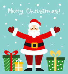 Cute cartoon Santa Claus stands with gift boxes and Merry Christmas text under the falling snow. Christmas card. Winter theme vector illustration.