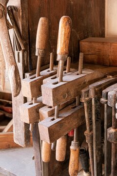 Closeup shot of the old carving wood tools at workshop