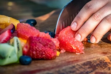 Hand of a chef slicing fresh fruits on a wooden board