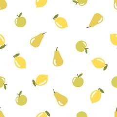 Fruit seamless pattern of apples, pears and lemons with leaves. Flat style ve.ctor illustration on white background