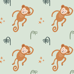 Naadloze groene patroon met grappige springende aap, jungle, tropische planten. Kinderen ontwerpen voor stof, behang, kleding, verpakking, textiel. Vector illustratie. Handgetekende stijl.