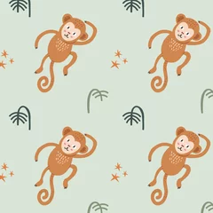 Glasschilderij Aap Naadloze groene patroon met grappige springende aap, jungle, tropische planten. Kinderen ontwerpen voor stof, behang, kleding, verpakking, textiel. Vector illustratie. Handgetekende stijl.