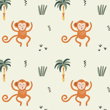 Seamless yellow pattern with funny jumping monkey,  jungle, tropical plants. Kids design for fabric, wallpaper, apparel, wrapping, textile. Vector handdrawn illustration.