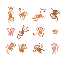 Set of cute monkey with funny face in different poses. Cartoon animal design. Flat vector illustration isolated on white background.