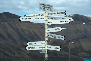 Fotobehang Road sign in Longyearbyen town, Svalbard island, Norway © forcdan