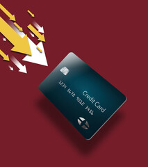Arrows point downward to represent the downward trend in popularity of credit cards by younger consumers in this 3-d illustration.
