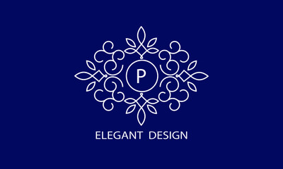 Trendy logo design template. Simple and clear initials P with ornate frames and blue background, suitable for restaurants, hotels, cafes, shops, fashion, beauty salons, etc.