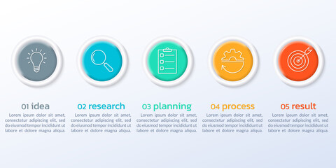 5 step infographic 3d design with business icons. Process, presentation diagram, timeline info graphic template with circle elements. Vector illustration.