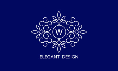 Trendy logo design template. Simple and clear initials W with ornate frames and blue background, suitable for restaurants, hotels, cafes, shops, fashion, beauty salons, etc.