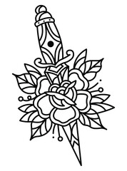 Vector Knife and Flower Traditional Tattoo Design.