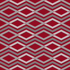 Repeated grey figures on dark red background. Ethnic wallpaper. Seamless surface pattern design with rhombuses and lines ornament. Diamonds motif. Digital paper for textile print, web designing.