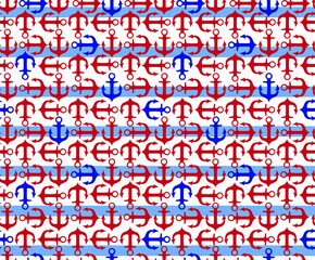 nautica blue and red anchors with blue stripes marine graphic vector seamless pattern	
