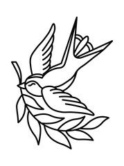 Flying monochrome swallow isolated on white background. Design bird in retro vintage style for old school tattoo, label, poster. Vector illustration.