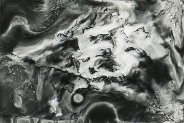 Ink abstract background, black and white pattern of paint under water, acrylic pigment stains, splashes and streaks