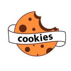 Cookies ,hand lettering, brand name logo, , brown letters with the chocolate chip on the ribbon, vector illustration. Bitten cookie. Cartoon Style for a card, packaging, Banner, Flyer, Sticker.