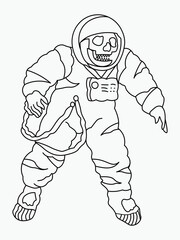 Astronaut skeleton in a space suit. Linear monochrome drawing. Vector illustration isolated on a white background. 