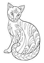 Vector Illustration of cat. Black and white vector illustration for coloring book. Beautiful drawings with patterns and small details. 