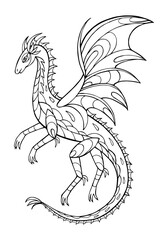 Vector Illustration of hand drawn dragon. Black and white vector illustration for coloring book. Beautiful drawings with patterns and small details. 
