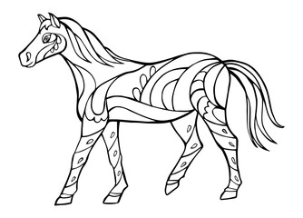 Vector Illustration of horse. Black and white vector illustration for coloring book. Beautiful drawings with patterns and small details. 