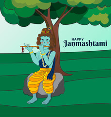 Krishna Janmashtami Cute Festival Poster. Lord Krishna playing flute in evening under a tree. Greeting card, flyer, banner, social media post flat vector illustration for invite, promotion, advertise
