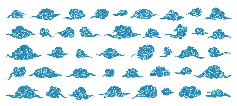 Asian clouds ornament. Chinese Japanese Korean oriental outline festive decorative elements, traditional sky art background. Vector isolated set