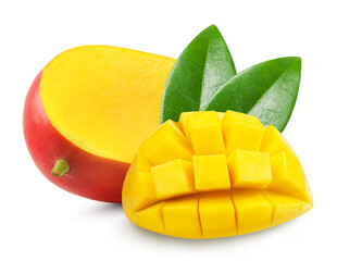 Mango isolated. Half a mango, diced. Fresh fruits.