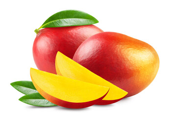 Mango isolated. Ripe red mango and mango slices on a white background. 