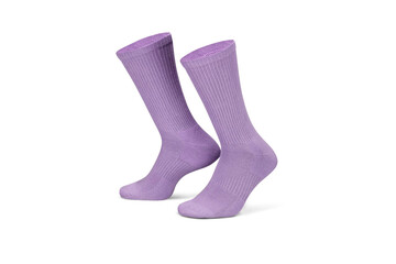 Pair of purple cotton socks isolated on white. Set of short socks for sports as mock up and label for advertising, logo, branding.