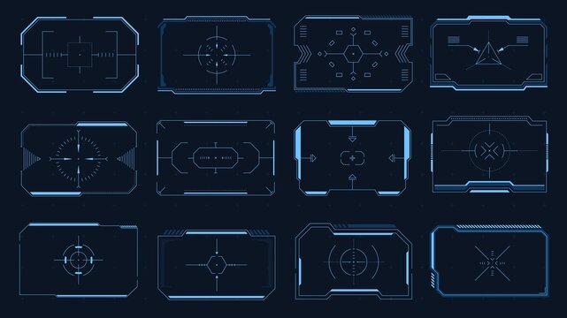 HUD square target. Futuristic user interface frames and borders, Sci-Fi target aim, modern technology viewfinder. Vector digital focus design element collection
