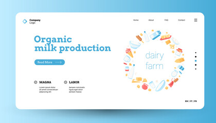 Fototapeta na wymiar Dairy products landing. Web page template with cartoon milk organic food concept, cheese yoghurt butter cottage cheese. Vector website with milk in glass illustration