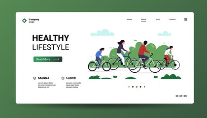 Fototapeta premium Bicycle landing. Web page template with character on bike ride in park, summer outdoor activity concept. Vector homepage with healthy cyclist