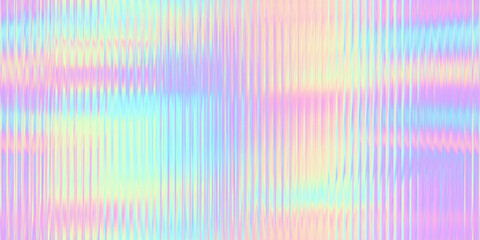 Seamless trendy iridescent rainbow corrugated ribbed glass background texture. Soft pastel holographic frosted window refraction pattern. Modern blurry pearlescent unicorn foil abstract 3D rendering.