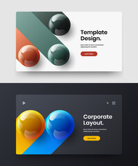 Geometric placard design vector concept bundle. Vivid realistic spheres corporate identity layout composition.