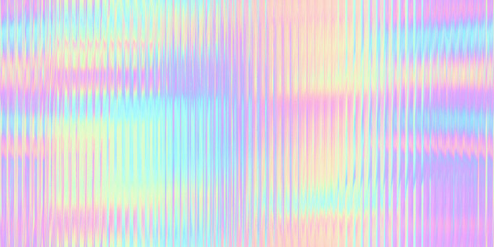 Seamless trendy iridescent rainbow corrugated ribbed glass background texture. Soft pastel holographic frosted window refraction pattern. Modern blurry pearlescent unicorn foil abstract 3D rendering.