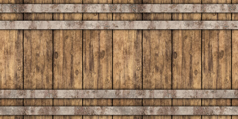 Seamless wooden beer or whiskey barrel with metal straps background texture. Tileable wine cask pattern with rustic oak wood planks and rusted iron trim. Vintage winery concept backdrop 3D rendering..