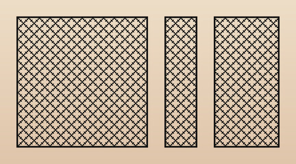 Laser cut panel collection. Vector template with abstract geometric pattern. Delicate floral grid, diamond mesh, net, lattice ornament. Modern stencil for laser cutting. Aspect ratio 1:1, 1:4, 1:2