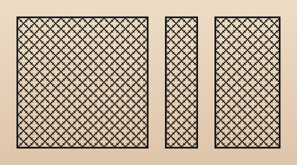 Laser cut panel collection. Vector template with abstract geometric pattern. Delicate floral grid, diamond mesh, net, lattice ornament. Modern stencil for laser cutting. Aspect ratio 1:1, 1:4, 1:2