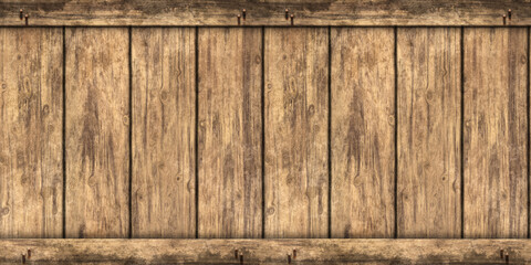 Fototapeta premium Seamless wood barrel or wooden crate or shipping box background texture. Tileable rustic grunge redwood or oak planks with wooden straps. Vintage winery freight or storage concept 3D rendering..