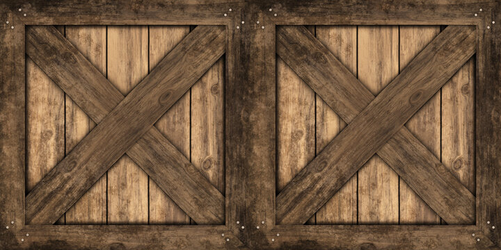 Seamless wood barrel or wooden crate or shipping box background texture. Tileable rustic grunge redwood or oak planks with wooden straps. Vintage winery freight or storage concept 3D rendering..