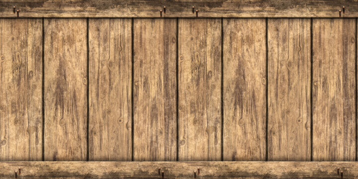 Seamless wood barrel or wooden crate or shipping box background texture. Tileable rustic grunge redwood or oak planks with wooden straps. Vintage winery freight or storage concept 3D rendering..