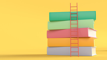 Colorful books on row with little ladder on colorful background. Banner or flat design element. School banner with stack of books, book pile. Education day concept. 3d rendering illustration © New Era