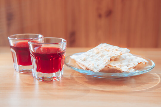 Christian communion with wine and bread matzo on the table, biblical religion