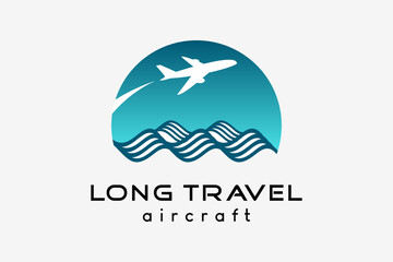 Airplane logo design, tourism business travel vector illustration. Airplane icon with ocean icon or ocean waves in creative concept