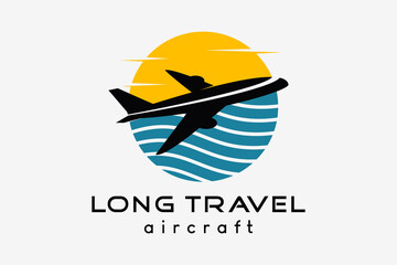 Airplane logo design, tourism business travel vector illustration. Airplane icon with ocean in creative concept
