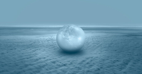 A pearl-shaped Earth stands above the clouds "Element s of this image furnished by NASA "