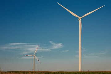 Windmill farm park and turbines for producing green electricity.